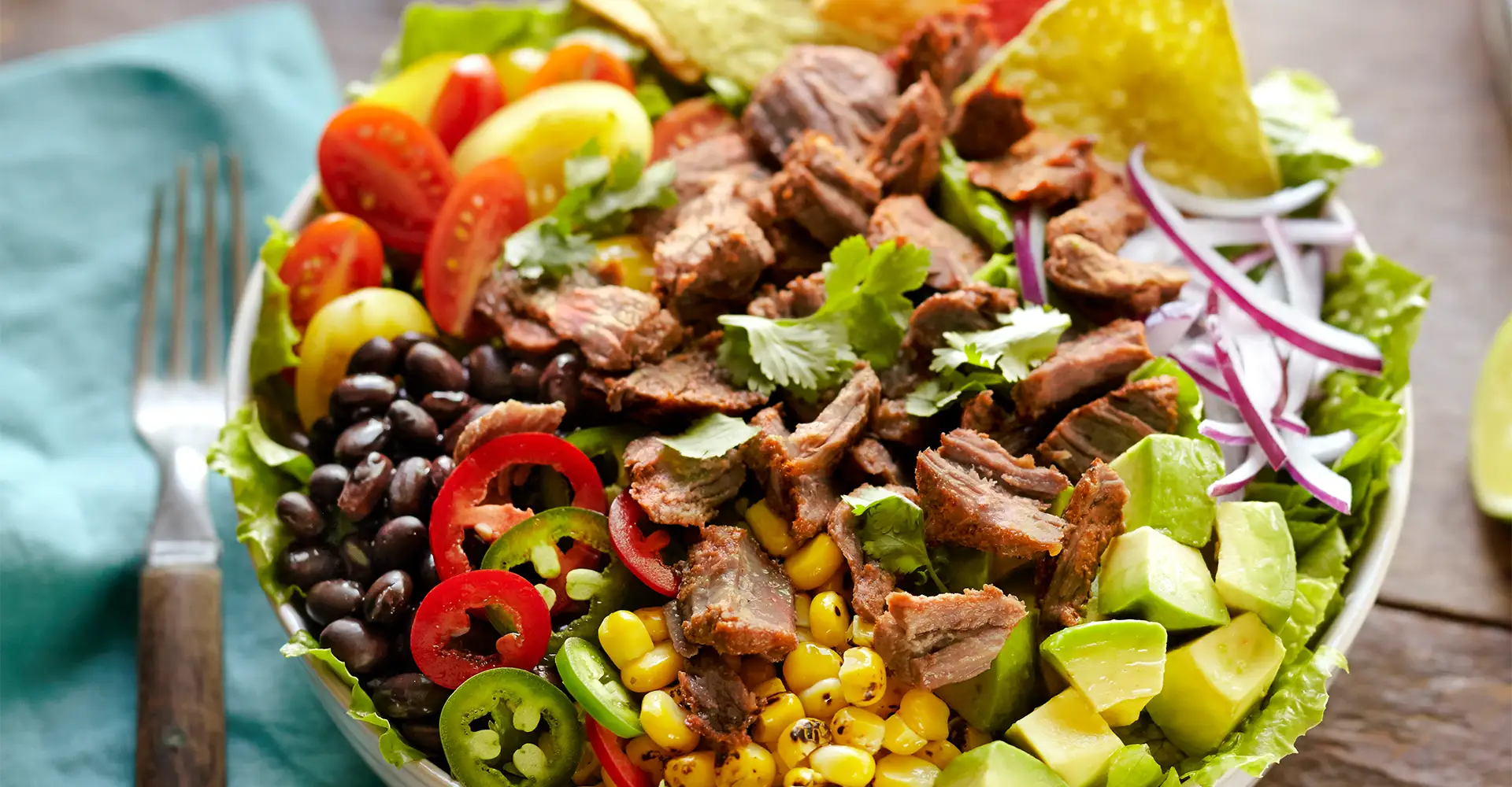 Beef taco bowl made with Truly Simple Fully Cooked Barbacoa Beef