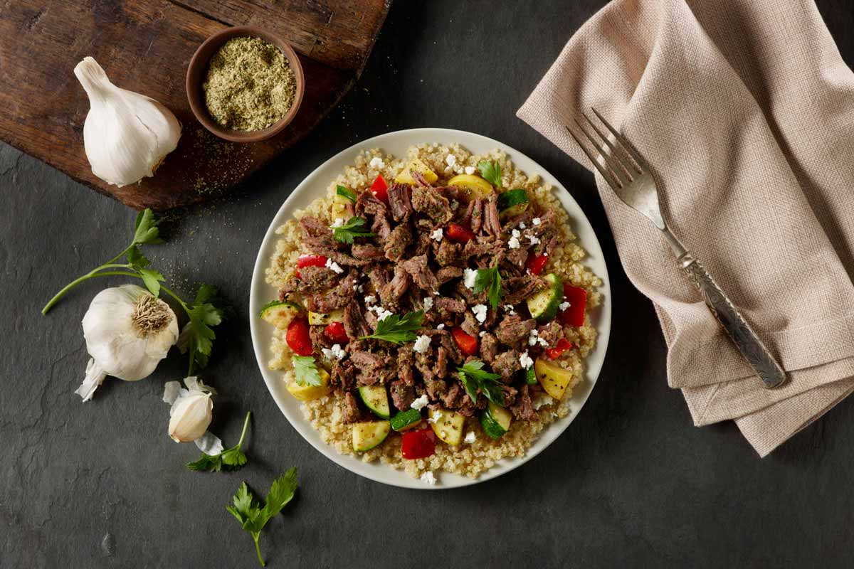 Mediterranean Style Garlic Herb Beef Quinoa Bowl